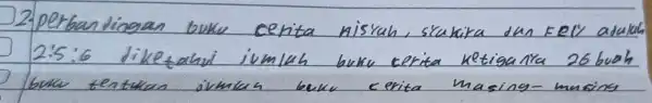 2. perbandingan buku cerita nisyah, stakira dan EeV adula 2:5:6 diketahui jumlah buku cerita ketigania 26 buah buku tentukn ivmlah buku cerita masing-masing