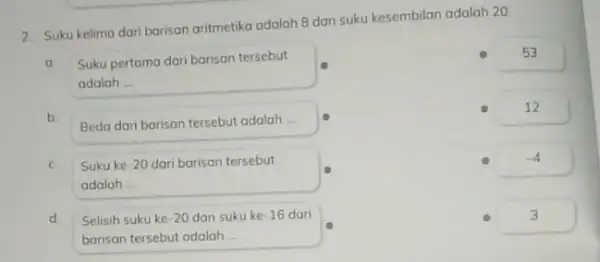 2. Suku kelima dari barisan aritmetika adalah 8 dan suku kesembilan adalah 20 a Suku pertama dari barisan tersebut adalah __ b Beda dari