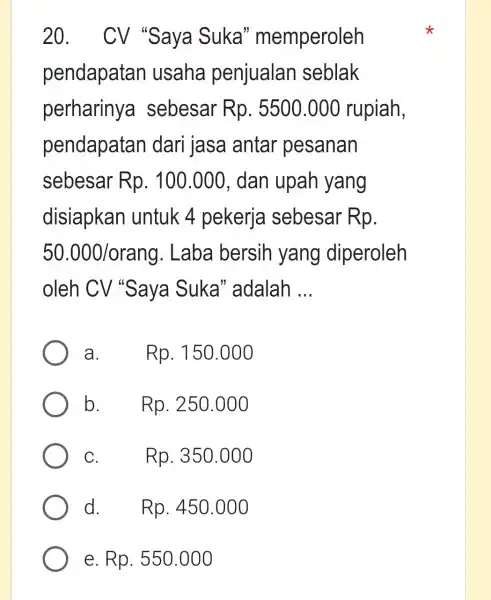 20. CV "Saya Suka'' memperoleh pendapatan usaha penjualan seblak perhariny a sebesar Rp.5500.000 rupiah, pendapatan dari jasa antar pesanan sebesar Rp. 100.000 , dan