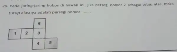 20. Pada jaring-jaring kubus di bawah ini, jika persegi nomor 2 sebagai tutup atas, maka tutup alasnya adalah persegi nomor