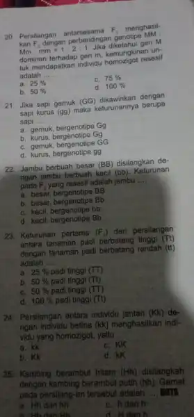 20. Persilangan F_(1) menghasil- kanF_(2)dengan perbal Mm:mm=1:2:1 gen M perbandingan genotipe MM dominan terhadap gen m kemungkinan un- tuk mendapatkan individu resesif adalah __