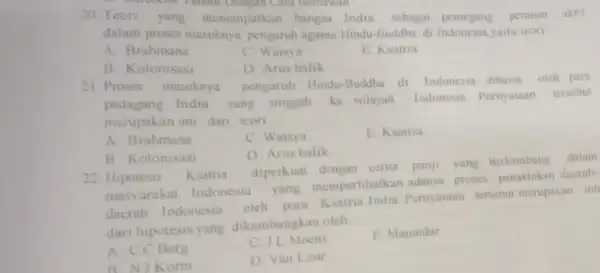 20. Teori yang menempatkan bangsa India sebagai pemegang peranan aktif dalam proses masuknya pengaruh agama Hindu -Buddha di Indonesia,yaitu leori __ A. Brahmana C.