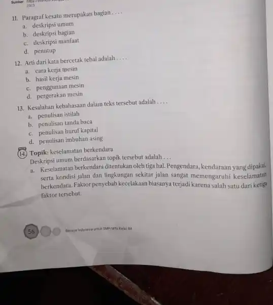 2023 11. Paragraf kesatu merupakan bagian __ a. deskripsi umum b. deskripsi bagian c. deskripsi manfaat d. penutup 12. Arti dari kata bercetak tebal