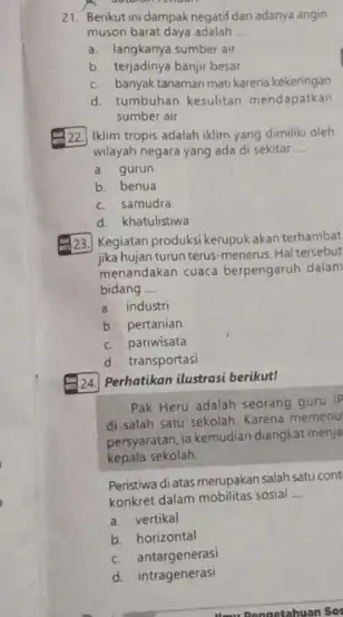 21. Berikut inidampak negatif dan adanya angin muson barat daya adalah __ a. langkanya sumber air b. terjadinya banjir besar c. banyaktanaman matikarena kekeringan