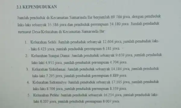 2.1 KEPENDUDUKAN Jumlah penduduk di Kecamatan Samarinda Ilir berjumlah 69766 jiwa, dengan penduduk laki-laki sebanyak 35586 jiwa dan penduduk perempuan 34.180 jiwa Jumlah penduduk