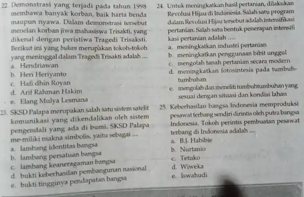 22 Demonstrasi yang terjadi pada tahun 1998 membawa banyak korban , baik harta benda maupun nyawa. Dalam demonstrasi tersebut menelan korban jiwa mahasiswa Trisakti,