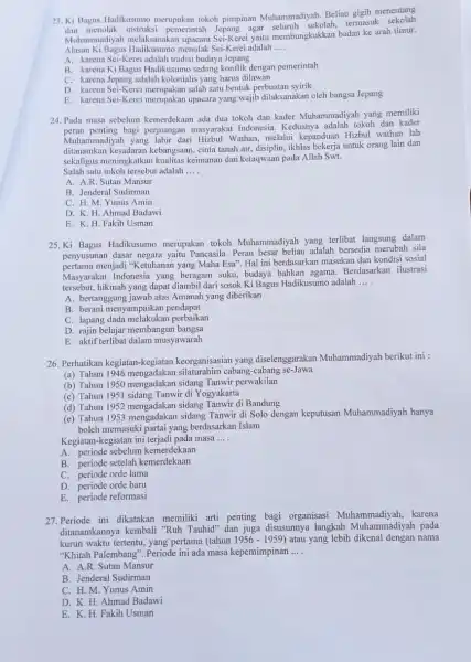 23. Ki Bagus Hadikusumo merupakan tokoh pimpinan Muhammadiyah. Beliau gigih menentang dan menolak instruksi pemerintah Jepang termasuk Muhammadiyah melaksanakar membungkukkan badan ke arah timur.