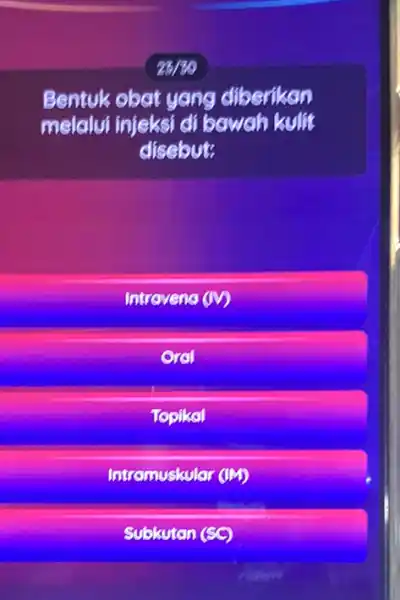 23130 Bentuk obat yang diberikan melalui injeksi di bawah kulit disebut: Introveno (V) oral Topikal Intramuskular (IM) Subkutan (SC)