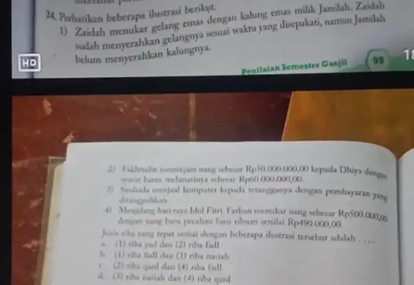 24. Perhatikan beberapa ilustrasi berikut. 1) Zaidah menukar gelang emas dengan kalung emas milik Jamilah. Zaidah Secuai waknu yang disepakati namun Jamilah belum menyerahkan