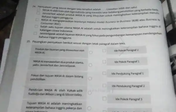 24. Pernyataan yang sesuai dengan teks tersebut adalah ... (Jawaban lebih dari satu) __ square square MASA Al didirikan oleh tiga individu yang memilik