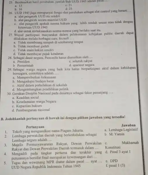 25. Berdasarkan hasil perubahan jumlah Bab UUD 1945 adalah pasal __ a. 13 C. 21 b. 16 d. 25 26. UUD 1945 juga mempunyai