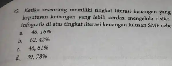 25. Ketika seseorang memiliki tingkat literasi keuangan yang keputusan keuangan yang lebih cerdas mengelola risiko .infografis di atas tingkat literasi keuangan lulusan SMP sebe