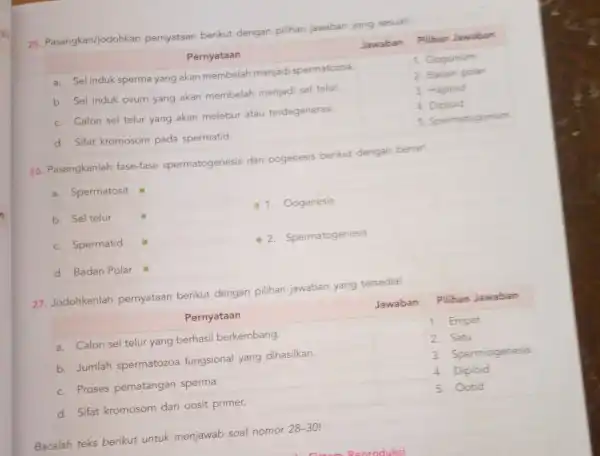 25 Pasangkan/jodohkan pernyataan berikut dengan pilihan jawaban yang sesuail square square square square 26. Pasangkanlah fase-fase spermatogenesis dan oogenesis berikut dengan benar! a. Spermatosit