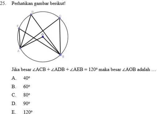 25. Perhatikan gambar berikut! Jika besar angle ACB+angle ADB+angle AEB=120^circ maka besar angle AOB adalah __ A. 40^circ B. 60^circ C. 80^circ D. 90^circ