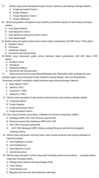 27. Berikut yang bukan merupakan fungsi internal peraturan perundang-undangan adalah. __ A. Fungsi penciptaan hukum B. Fungsi Integrasi C. Fungsi Kepastian Hukum D. Fungsi