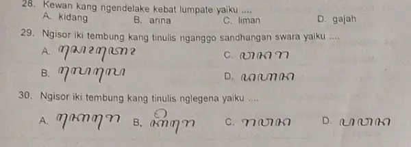 28. Kewan kang ngendelake kebat lumpate yaiku __ A. kidang B. arina C. liman D. gajah 29. Ngisor iki tembung kang tinulis nganggo sandhangan