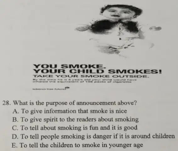 28. What is the purpose of announcement above? A. To give information that smoke is nice B. To give spirit to the readers about