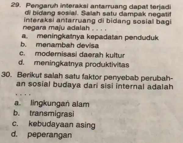 29. Pengaruh interaksi antarruang dapat terjadi di bidang sosial Salah satu dampak negatif interaksi antarruang di bidang sosial bagi negara maju adalah __ a.