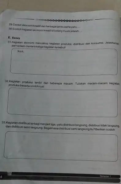 29.Contoh ekonomi kreatif dari berbagai jenis usaha yaitu. __ 30.Contoh kegiatan ekonomi kreatif di bidang musik adalah __ E. Essay 31.Kegiatan ekonomi mencakup kegiatan