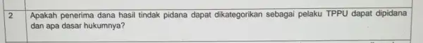 2 Apakah penerima dana hasil tindak pidana dapat dikategorikan sebagai pelaku TPPU dapat dipidana dan apa dasar hukumnya?