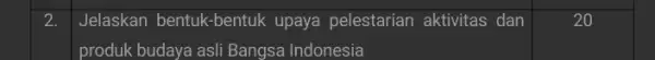 2. Jelaskan bentuk-bentuk upaya pelestarian aktivitas dan produk budaya asli Bangsa Indonesia 20