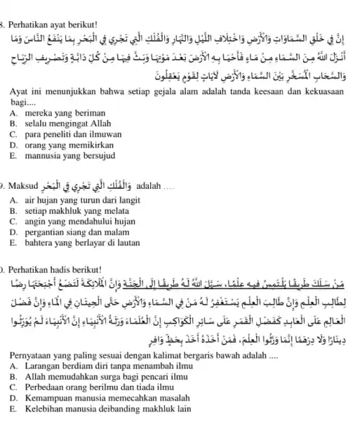 3. Perhatikan ayat berikut! cLi=u]i Ayat ini menunjukkan bahwa setiap gejala alam adalah tanda keesaan dan kekuasaan bagi. __ A. mereka yang beriman B.