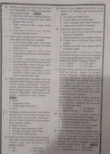 30. Manfaat penggunaan teknolog informasi dan komunikasi di bidang perdagangan bagi penjual adalah __ HOTS a. tidak perlu membuka cabang distribusi b. bisa membeli