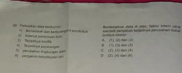 30. Perhatikan data berikut ini! 1) Bertambah dan berkurangnya penduduk 2) Adanya penemuan baru 3) Terjadinya konflik 4) Terjadinya peperangan 5) perubahan lingkungan alam