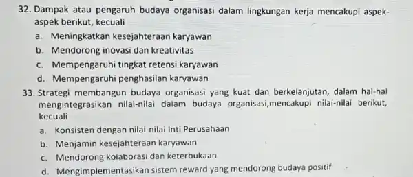 32. Dampak atau pengaruh budaya organisasi dalam lingkungan kerja mencakupi aspek- aspek berikut, kecuali a. Meningkatkan kesejahteraan karyawan b. Mendorong inovasi dan kreativitas c.