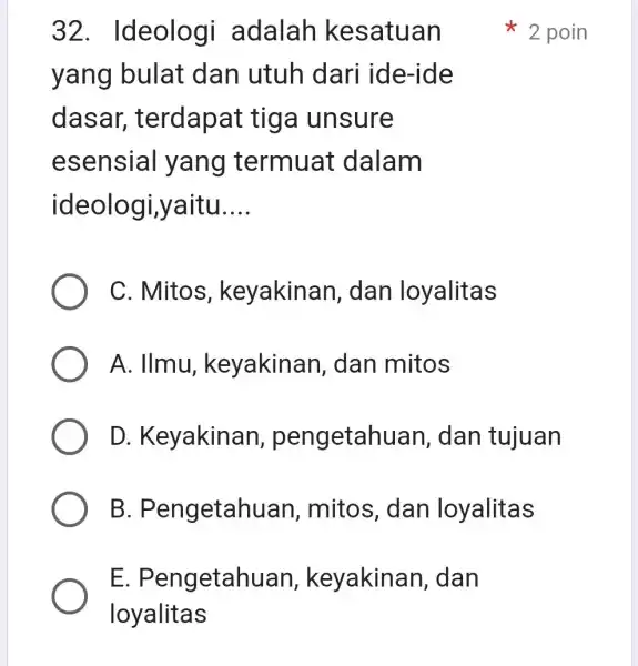 32 . Ideologi adalah kesatuan yang bulat dan utuh dari ide-ide dasar,terdapat tiga unsure esensial yang termuat dalam ideologi,vaitu __ C. Mitos , keyakinan,