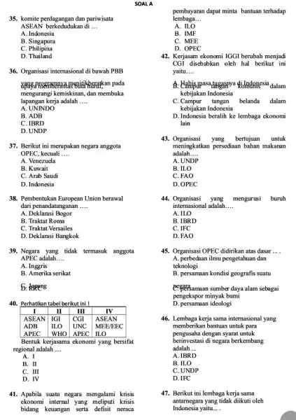 35. komite perdagangan dan pariwisata ASEAN di __ A. Indonesia B. Singapura C. Philipina D . Thailand 36. Organisasi internasional di bawah PBB vangapro