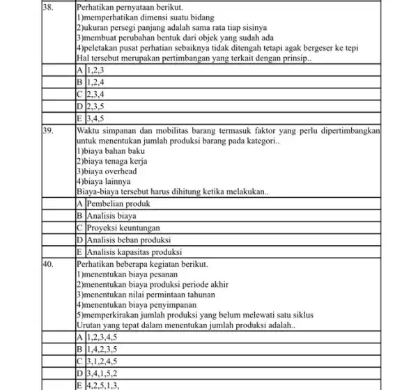 38. Perhatikan pernyataan berikut. 11)memperhatikan dimensi suatu bidang (2)ukuran persegi panjang adalah sama rata tiap sisinya 3)membuat perubahan bentuk dari objek yang sudah ada