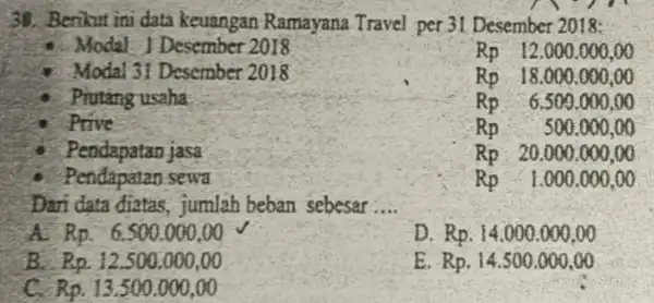 39. Berikut ini data keuangan Ramayana Travel per 31 Desember 2018: Modal 1 Desember 2018 Rp 12.000,000,00 Rp 20.000,000,00 Dari data diatas , jumlah