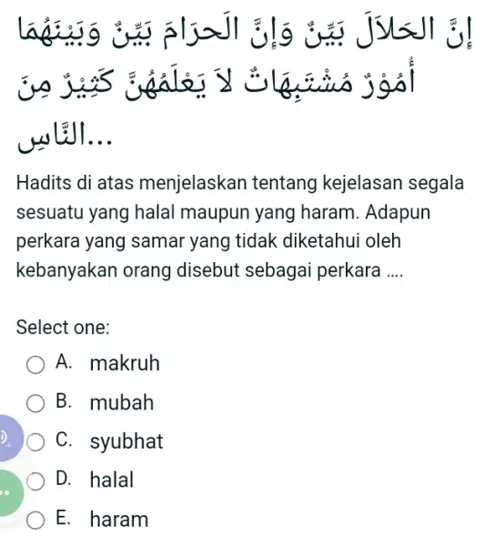 39 ls J is sould y slocin o , L:JI __ Hadits di atas menjelaskan tentang kejelasan segala sesuatu yang halal maupun yang haram