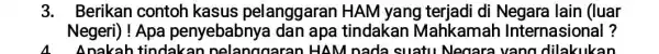 3.Berikan contoh kasus pelanggaran HAM yang terjadi di Negara lain (luar Negeri) ! Apa penyebabny a dan apa Mahkamah Internasional ?