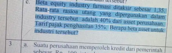 3 c. Beta equity industry farmasi ditaksir sebesar 1,35. Rata-rata rasioa utang yang dipergunakan dalam industry tersebut adalah 40% dari asset perusahaan Tarif pajak