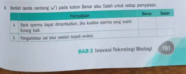 4. Berilah tanda centang (checkmark) pada kolom Benar atau Salah untuk setiap pernyataan. & multicolumn(1)(|c|)( Pernyataan ) & Benar & Salah a. & Bank