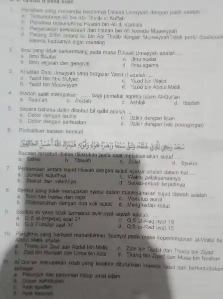 4) D. Cratau d pada soall 1.Peristiwa yang menandai berdirinya Dinasti Umayyah dengan pasti adalah __ a. Terbunuhnya Ali bin Abi Thalib di Kuffah