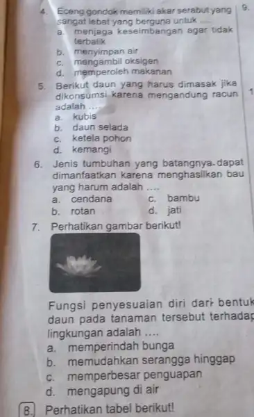 4. Eceng gondok memiliki akar serabut yang sangat lebat yang berguna untuk __ a. menjaga keseimbanga n agar tidak terbalik b. menyimpan air C.