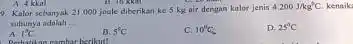A. 4 kkal 9. Kalor schanyak 21.000 joule diberikan ke 5 kg air dengan kalor jenis 4.200J/kg^circ C kenaik sulturya adalah __ A. 1^circ