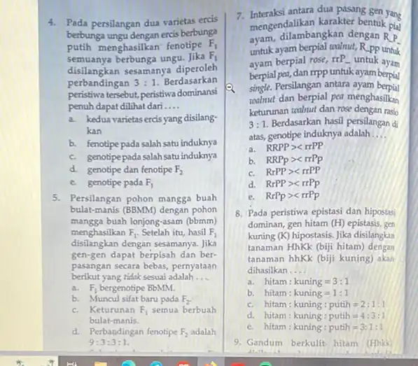 4. Pada persilangan dua varietas ercis berbunga ungu dengan ercis berbunga putih menghasilkan fenotipe F_(1) semuanya berbunga ungu. Jika F_(1) disilangkan sesamanya diperoleh perbandingan