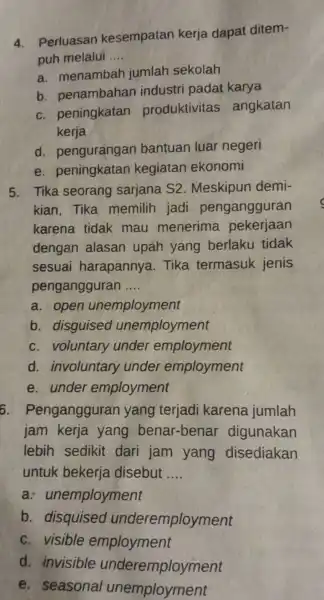 4. Perluasan kesempatan kerja dapat ditem- puh melalui __ a menambah jumlah sekolah b penambahan industri padat karya c peningkatan produktivitas ; angkatan kerja