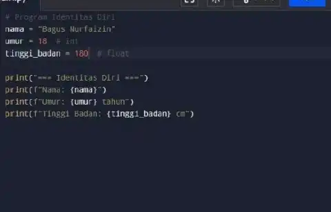 4 Program Identitas Diri nama = "Bagus Murfaizin" umur =18 int. tinggi badan =180 I w float print(" Identitas Dirl __ print(I"Nand: {nama ,