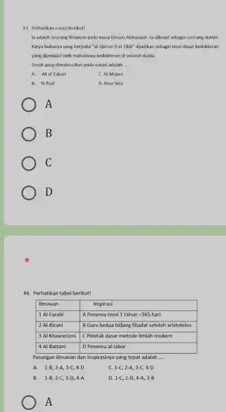 43. Perhatikan narasi berikut! la adalah seorang ilmuwan pada masa Dinasti Abbasiyah la dikenal sebagai seorang dokter. Karya bukunya yang berjudul "al-Qānün fi al-libb"