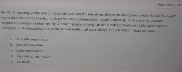 44. Ny. A, seorang wanita usia 35 tahun tak sadarkan diri setelah melahirkan melalui operasi caesar. Kondisi Ny. A yang koma dan menderita kerusakan