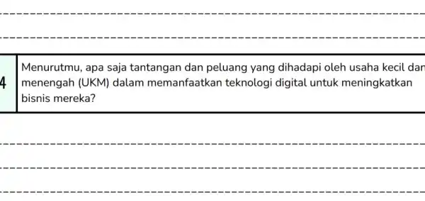 __ 4 Menurutmu, apa saja tantangan dan peluang yang dihadapi oleh usaha kecil dar menengah (UKM)dalam memanfaatkan teknologi digital untuk meningkatkan bisnis mereka? __