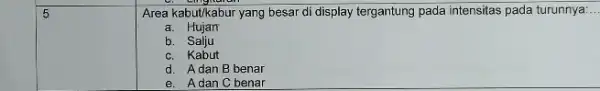 5 5 Area kabut/kabur yang besar di display tergantung pada intensitas pada turunnya: __ a. Hujan b. Salju c. Kabut d. Adan B benar