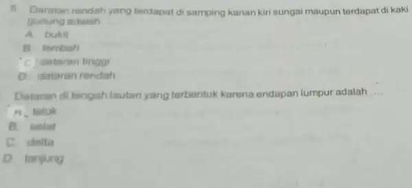 5. Daratan rendah yang terdapat di samping kanan kiri sungai maupun terdapat di kaki gunung adalah __ A. bukit B. lembah C. dataran tingg