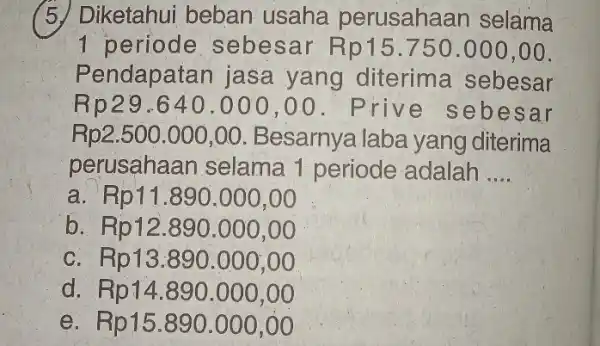 5. Diketahui beban usaha perusahaan selama 1 periode sebesar Rp15.750 .000,00. Pendapatan jasa yang diterima sebesar Rp29 .640.000,00 . Prive s ebes ar Rp2.500.000,00.