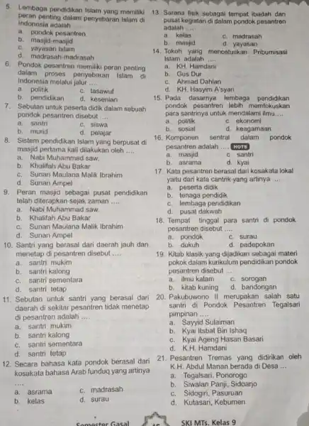 5. Lembaga pendidikan Islam yang memiliki peran penting dalam penyebaran Islam di Indonesia adalah __ a. pondok pesantren b. masjid-masjid c. yayasan Islam d.